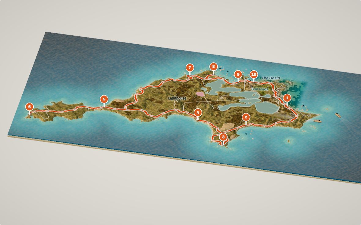 3D map of Rottnest Island at golden hour, with the Island Ride drawn round the coast in orange and its ten stops numbered