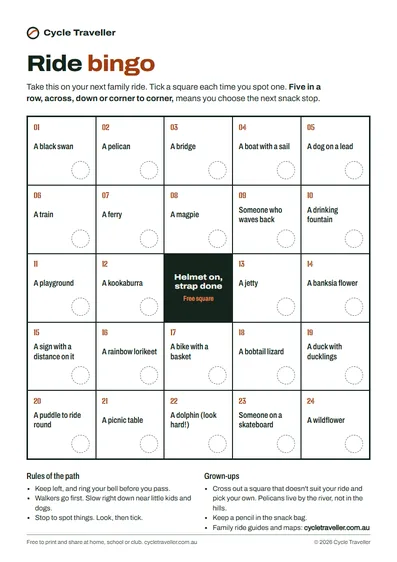 The ride bingo sheet: a 5 by 5 grid of things to spot, with a free square that says helmet on, strap done